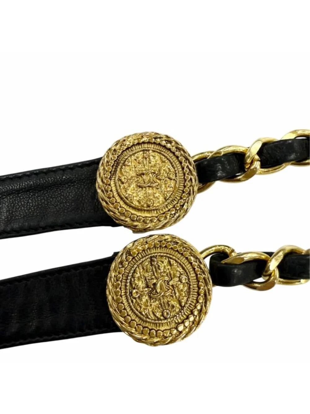 Chanel Vintage Metal CC Logo Leather Chain Ribbon Belt Gold Black